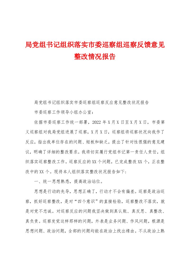 局党组书记组织落实市委巡察组巡察反馈意见整改情况报告