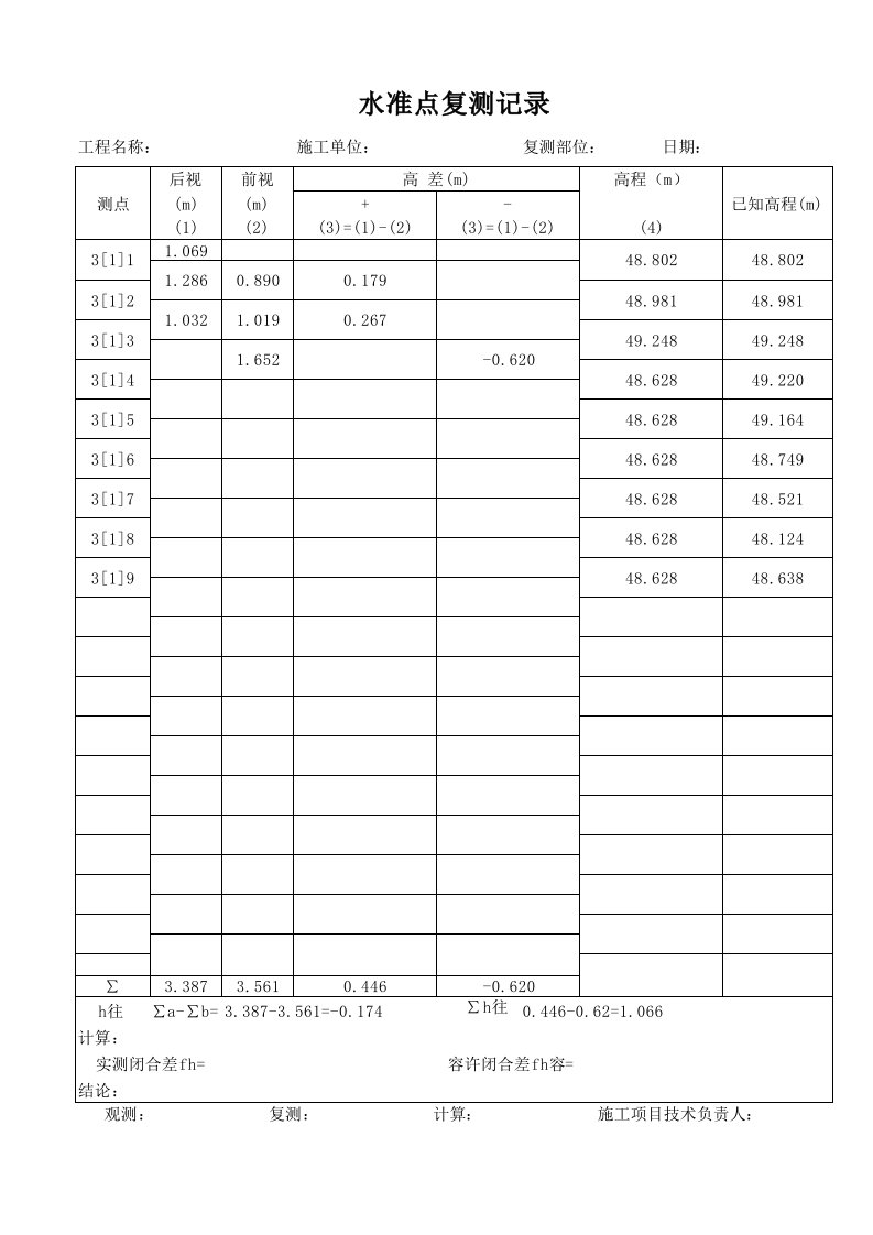 水准点复测报告(自动计算表格)