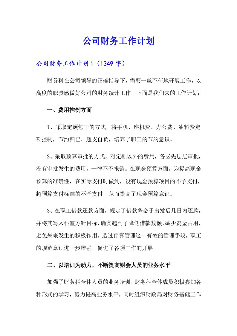 公司财务工作计划