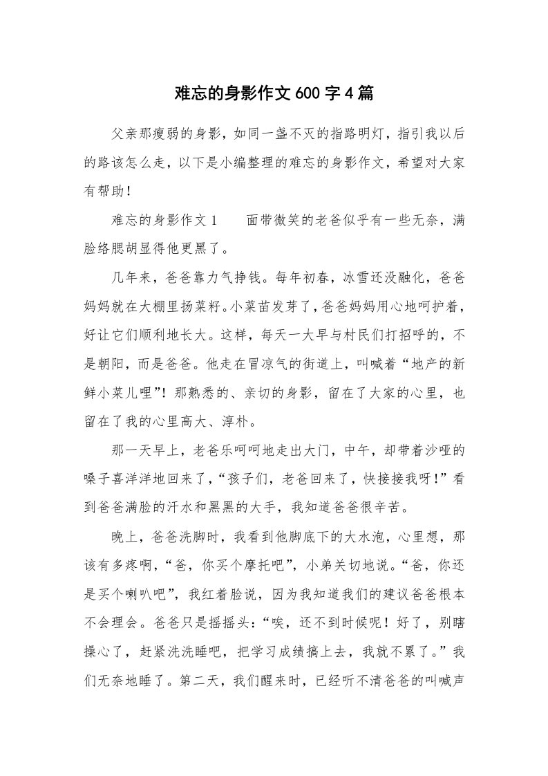 难忘的身影作文600字4篇