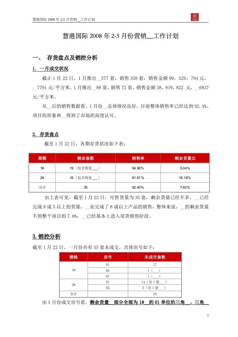 20080123_佛山_慧港国际_2008年2-3月份营销推广工作计