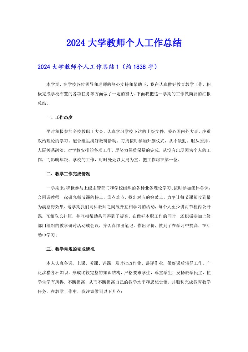 2024大学教师个人工作总结