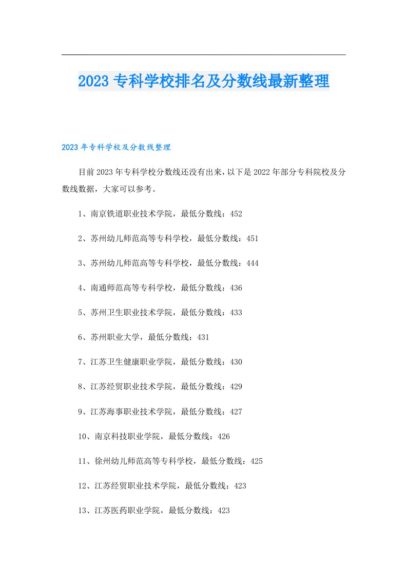 专科学校排名及分数线最新整理