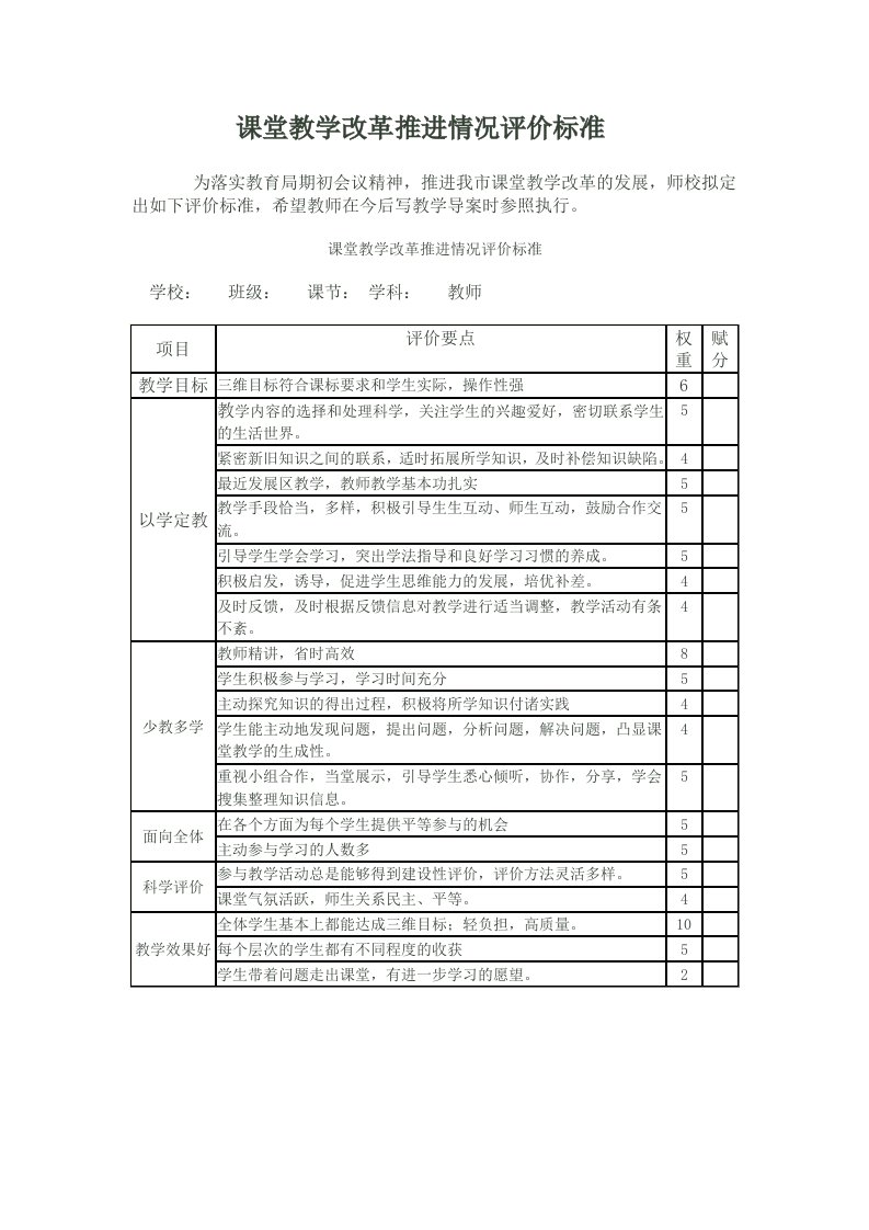 课堂教学改革推进情况评价标准