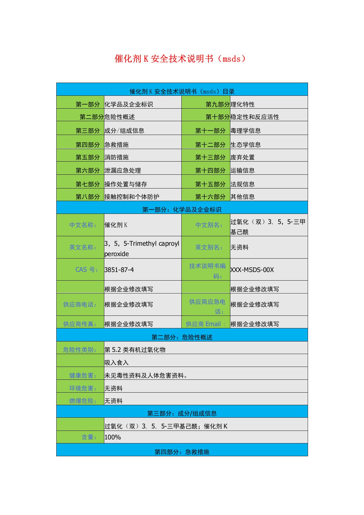 催化剂K安全技术说明书