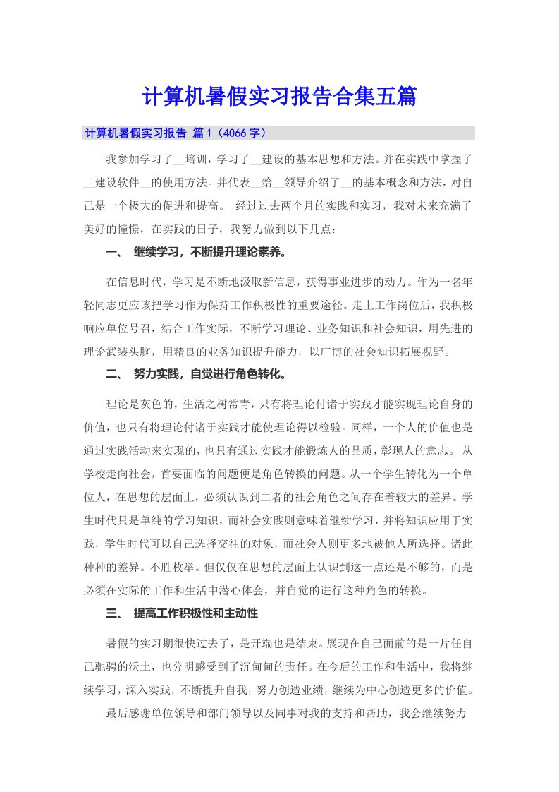 计算机暑假实习报告合集五篇