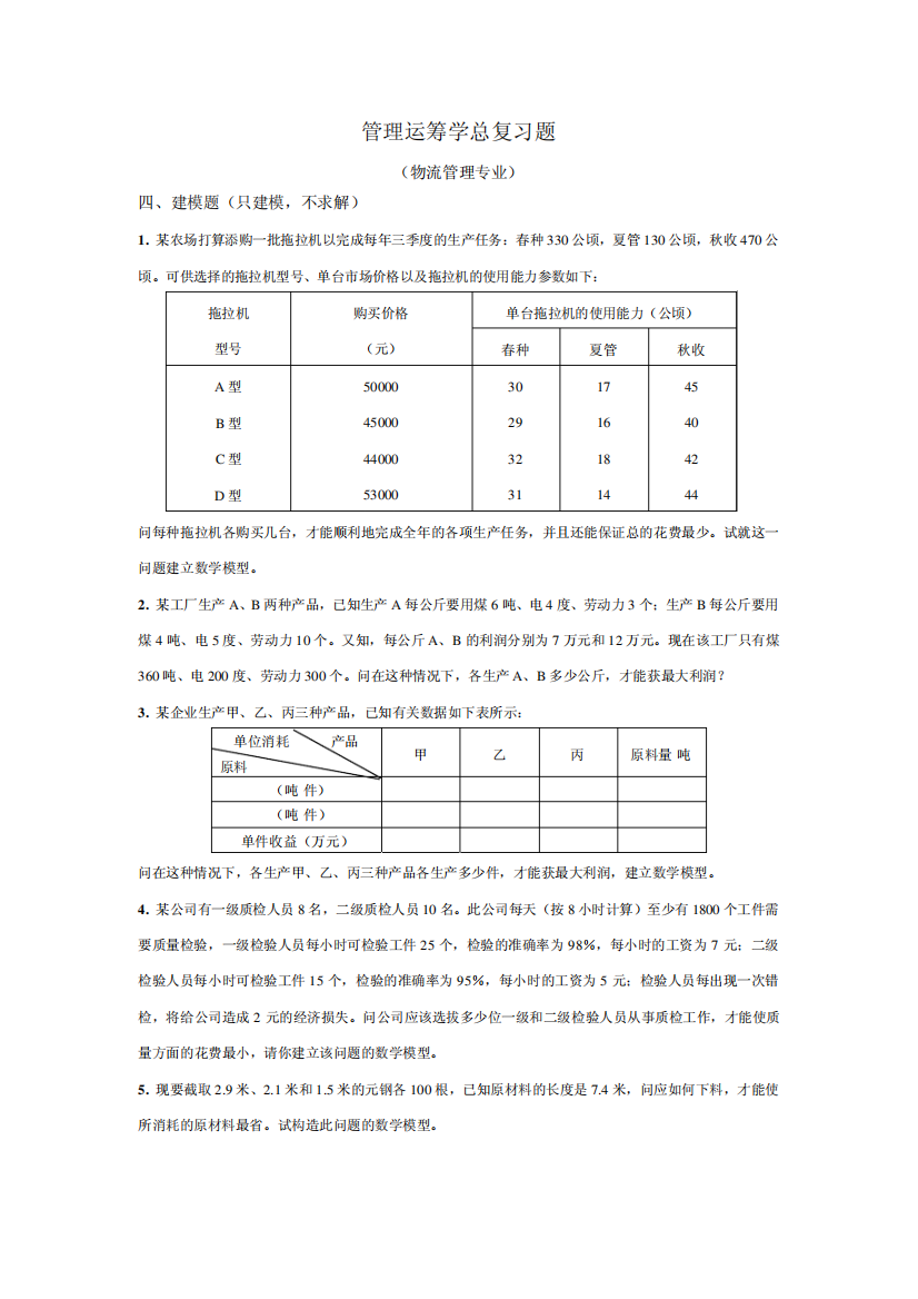 管理运筹学(物流)总复习题建模题