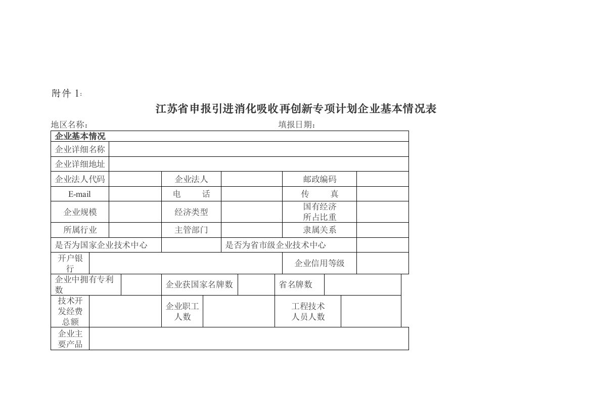 江苏省申报引进消化吸收再创新专项计划企业基本情况表