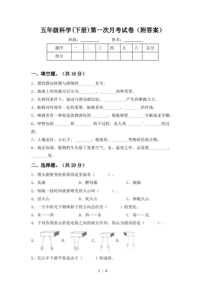 五年级科学下册第一次月考试卷附答案