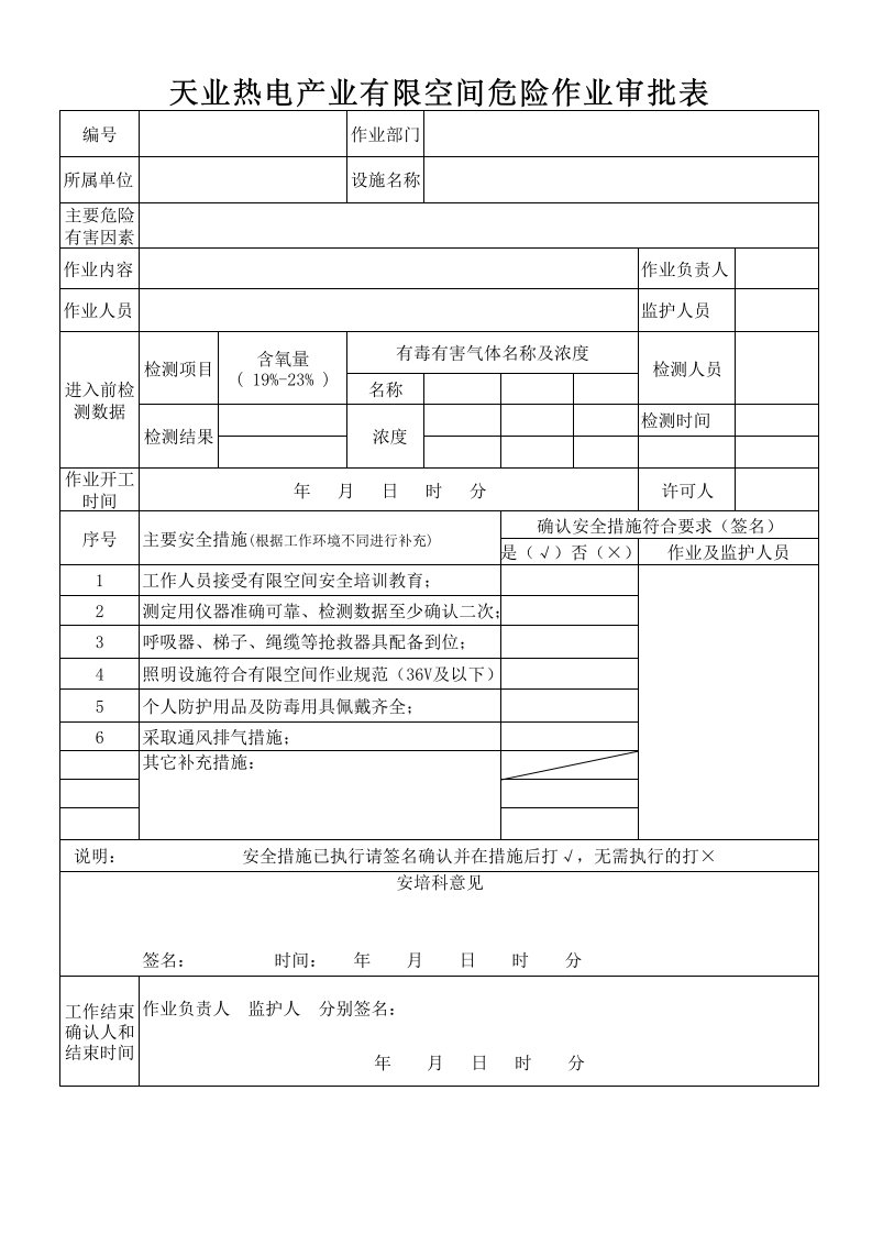 有限空间作业审批表