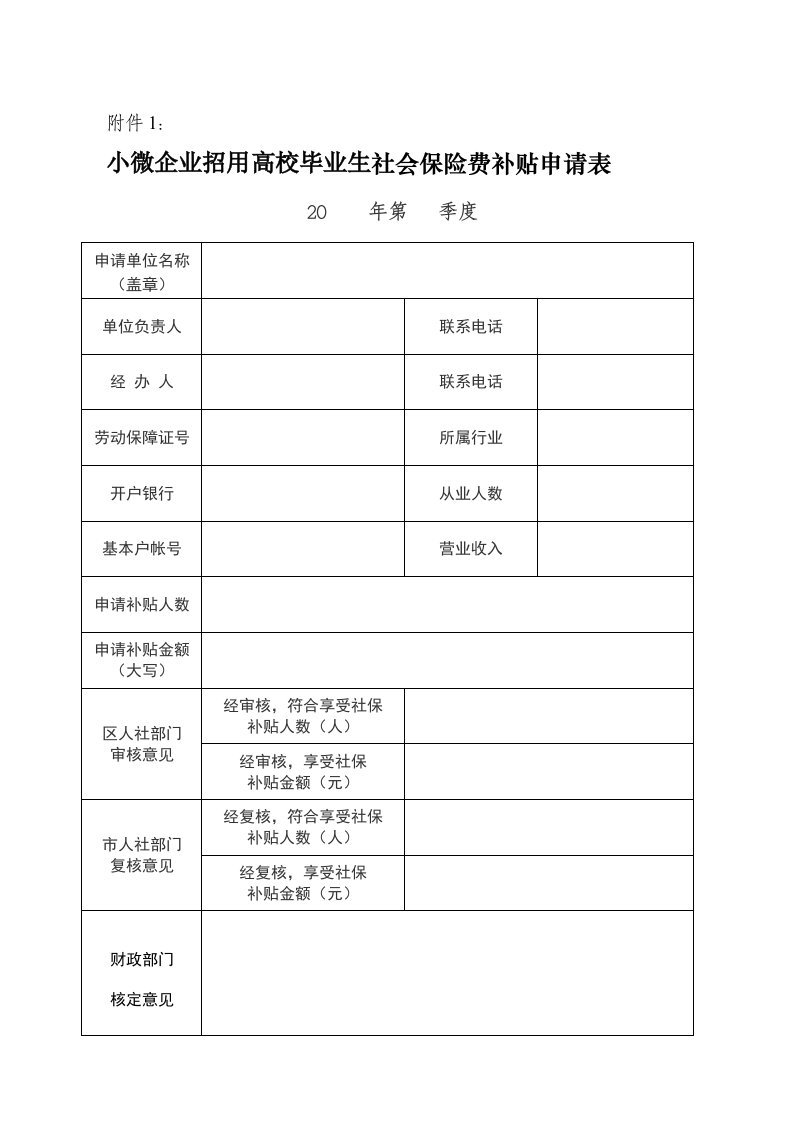 小微企业录用应届毕业生补贴表格