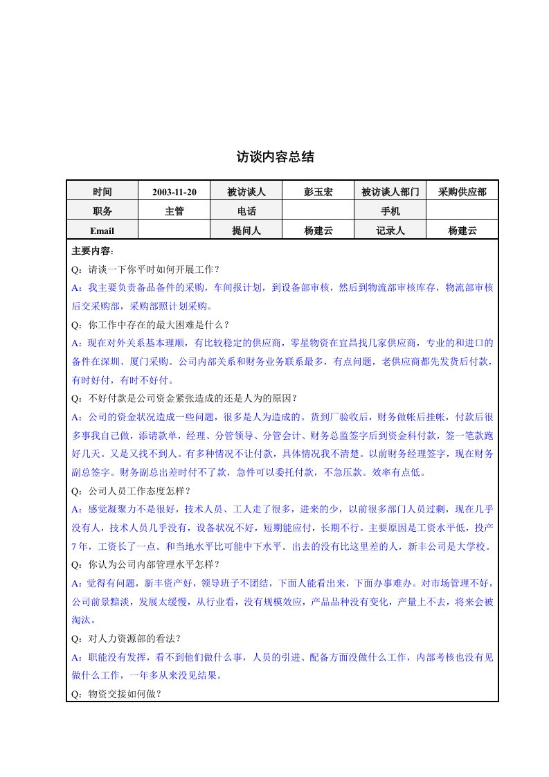 建筑资料-采购供应部主管彭玉宏访谈总结