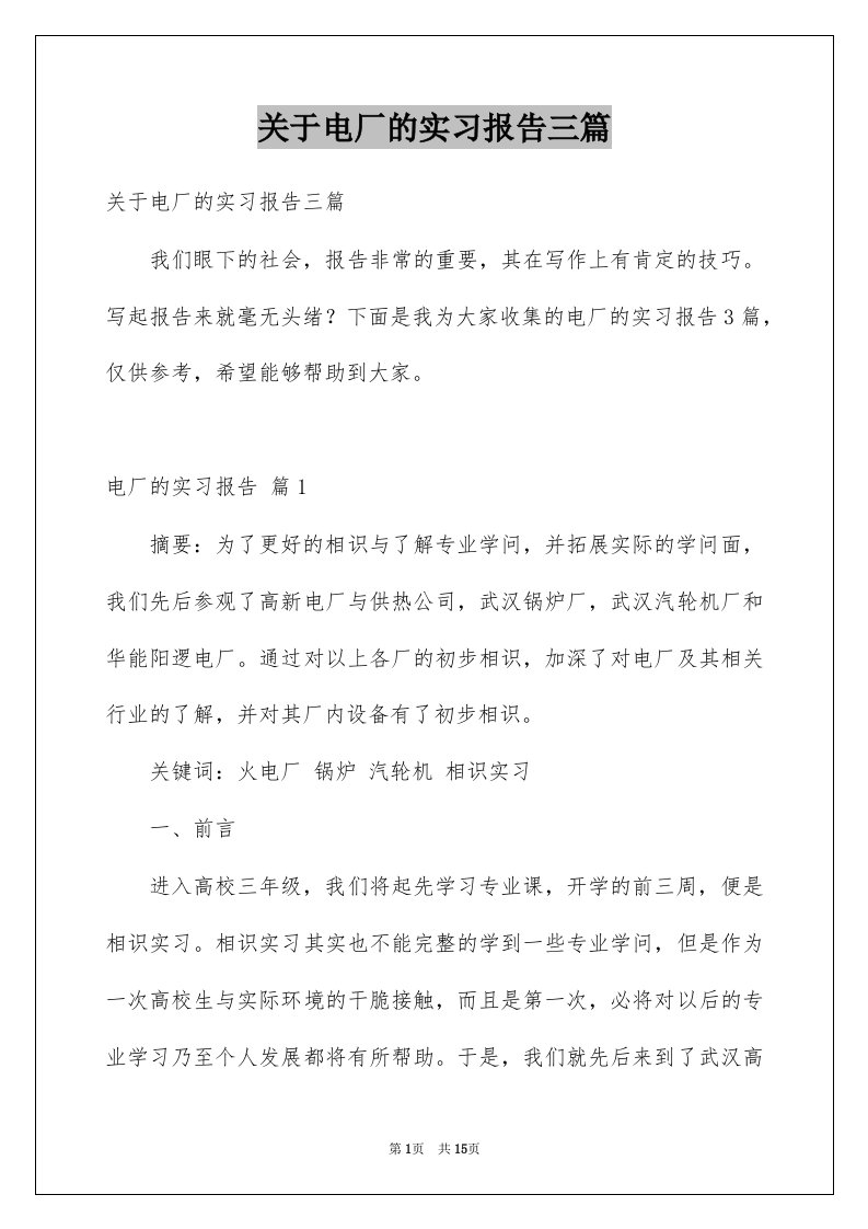 关于电厂的实习报告三篇