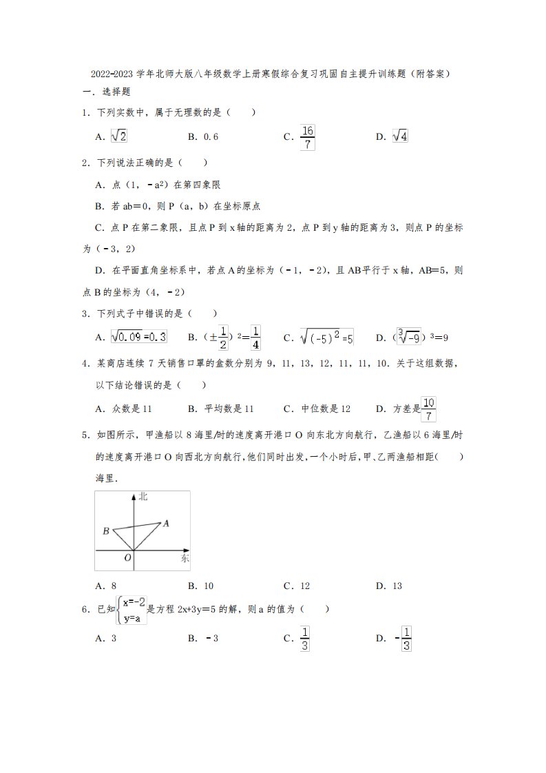 2022-2023学年北师大版八年级数学上册寒假综合复习巩固自主提升训练题(附答案)