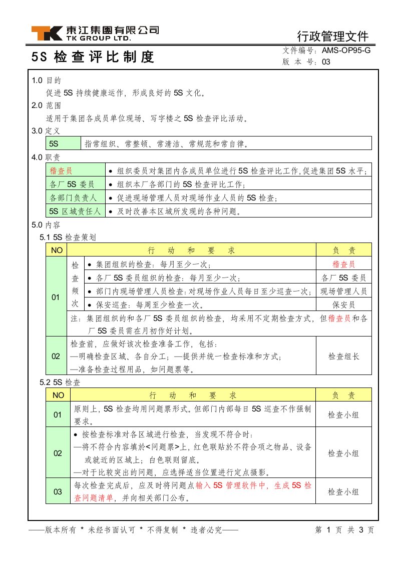 5S检查评比制度