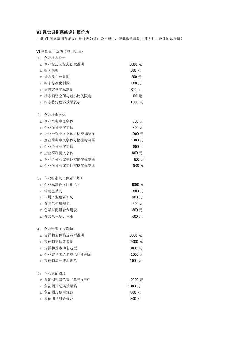 VI视觉识别系统设计报价表