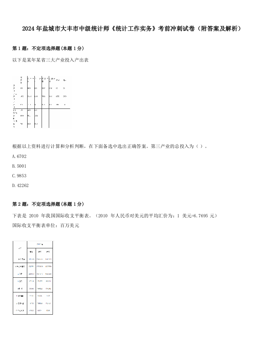 2024年盐城市大丰市中级统计师《统计工作实务》考前冲刺试卷（附答案及解析）