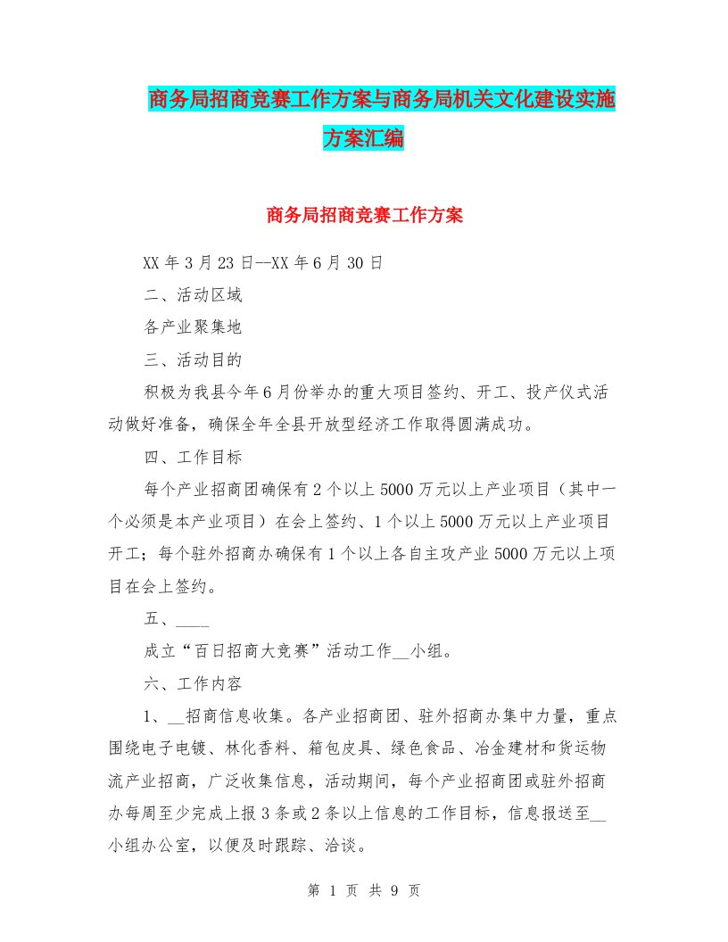 商务局招商竞赛工作方案与商务局机关文化建设实施方案汇编