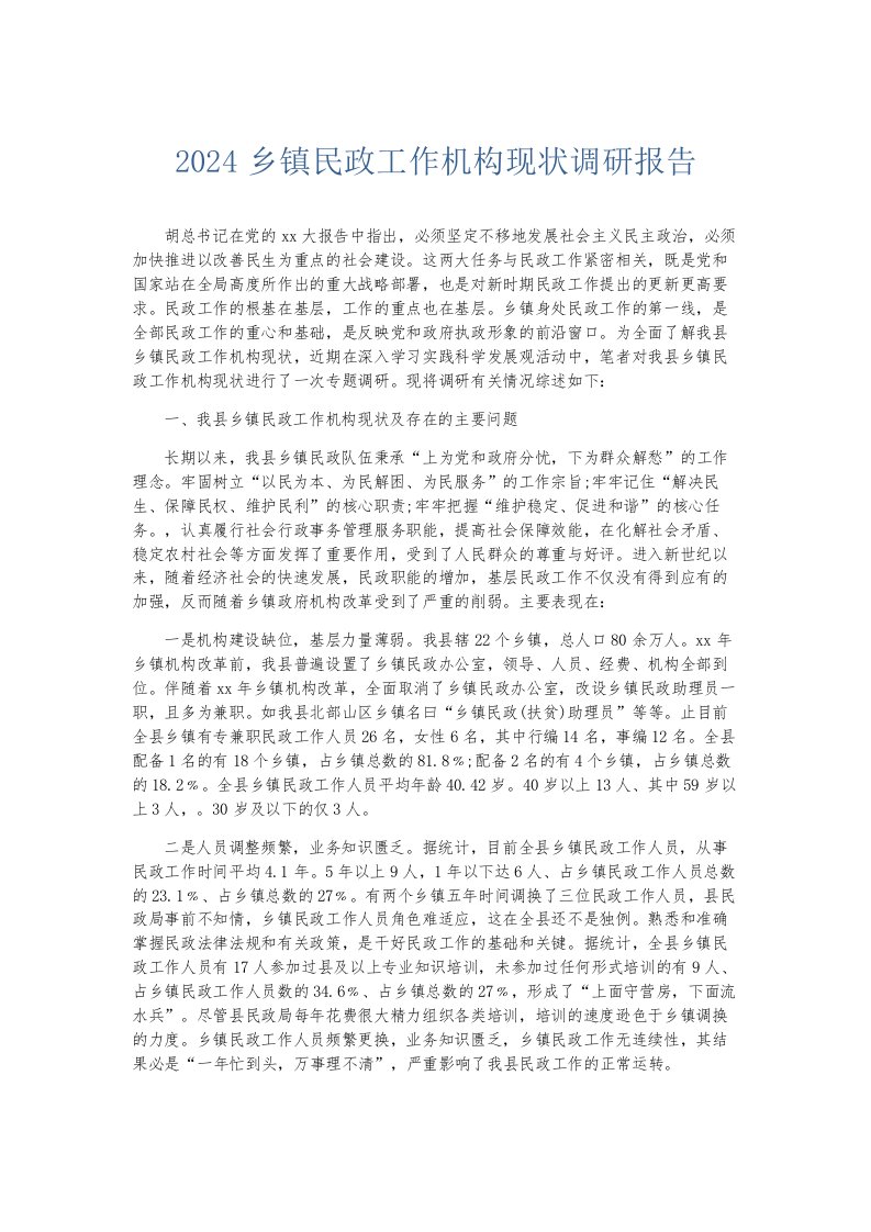 总结报告2024乡镇民政工作机构现状调研报告