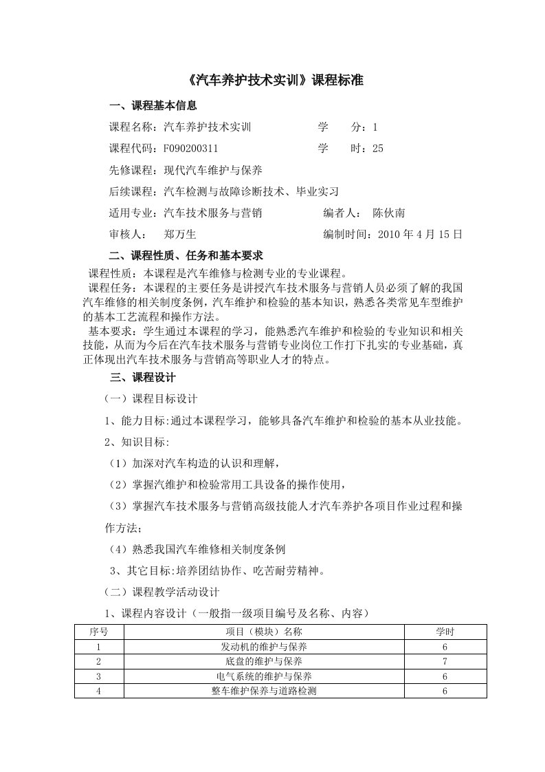 《汽车养护技术实训》课程标准(纯实践课)