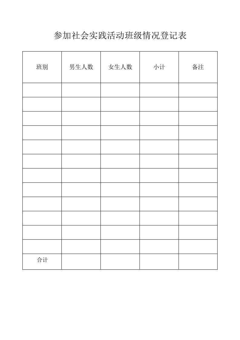 参加社会实践活动班级情况登记表