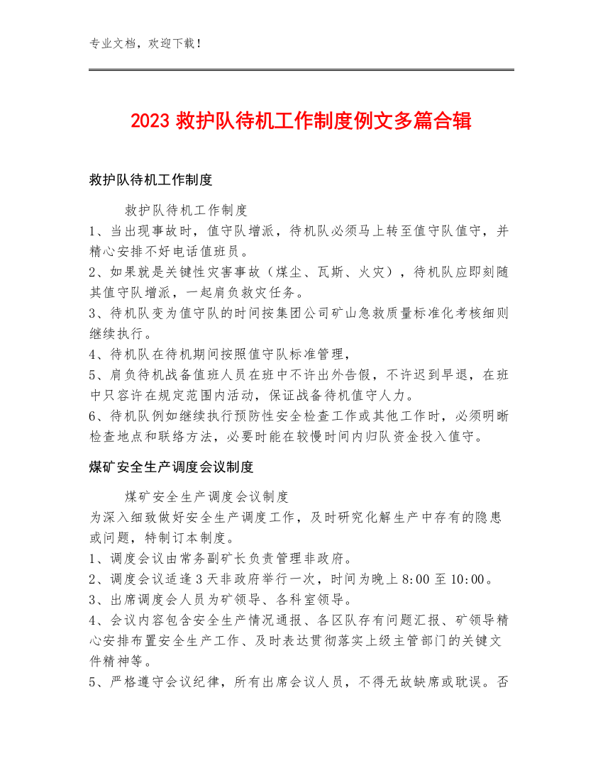 2023救护队待机工作制度例文多篇合辑