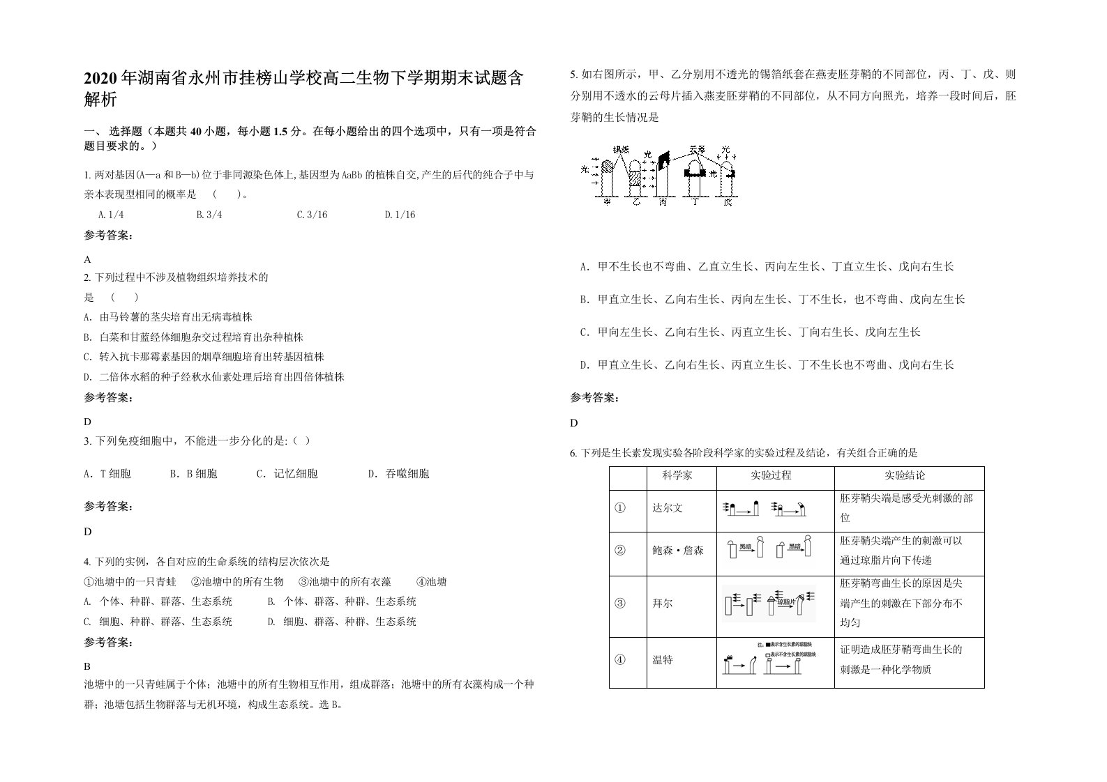 2020年湖南省永州市挂榜山学校高二生物下学期期末试题含解析