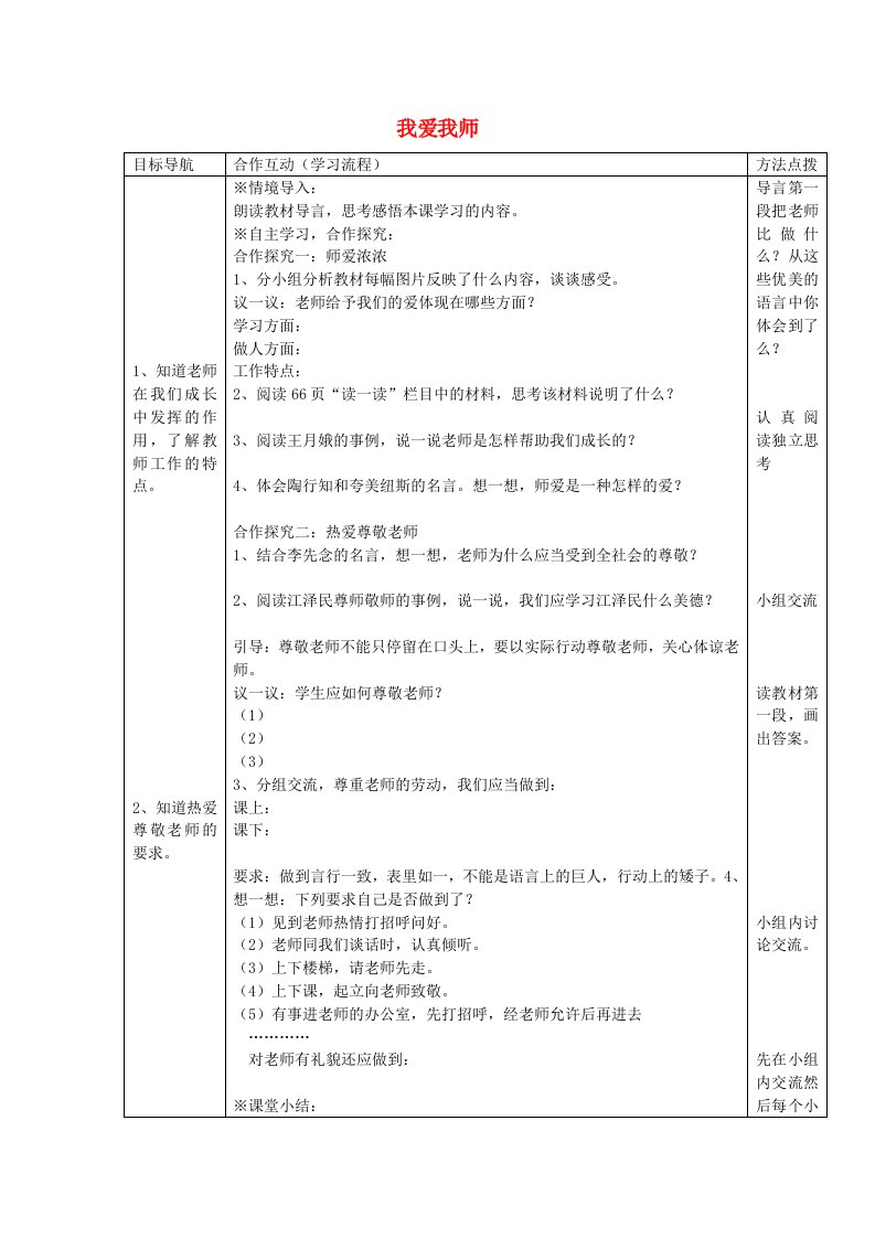 七年级政治上册第六课师爱助我成长导学案无答案鲁教版