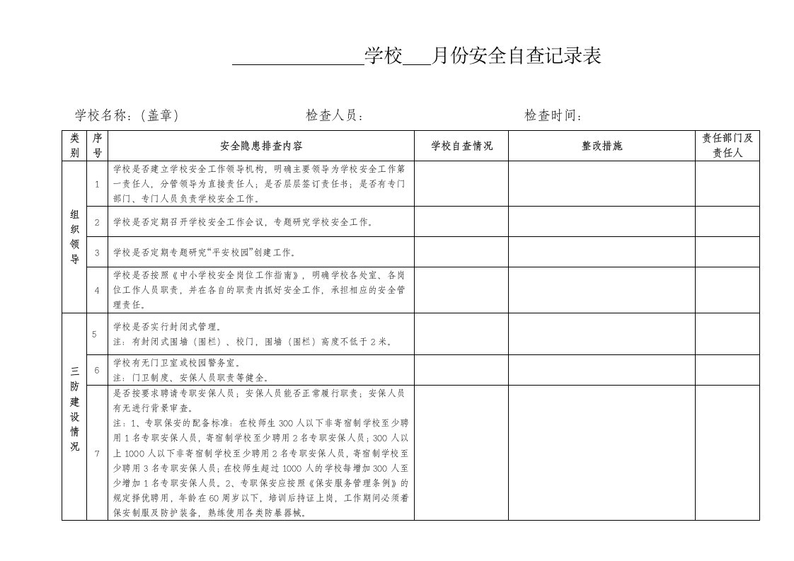 学校安全自查记录表