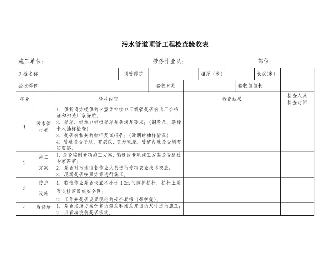 污水管道顶管工程检查验收表