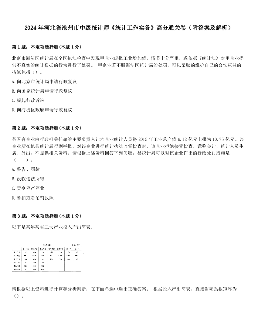 2024年河北省沧州市中级统计师《统计工作实务》高分通关卷（附答案及解析）