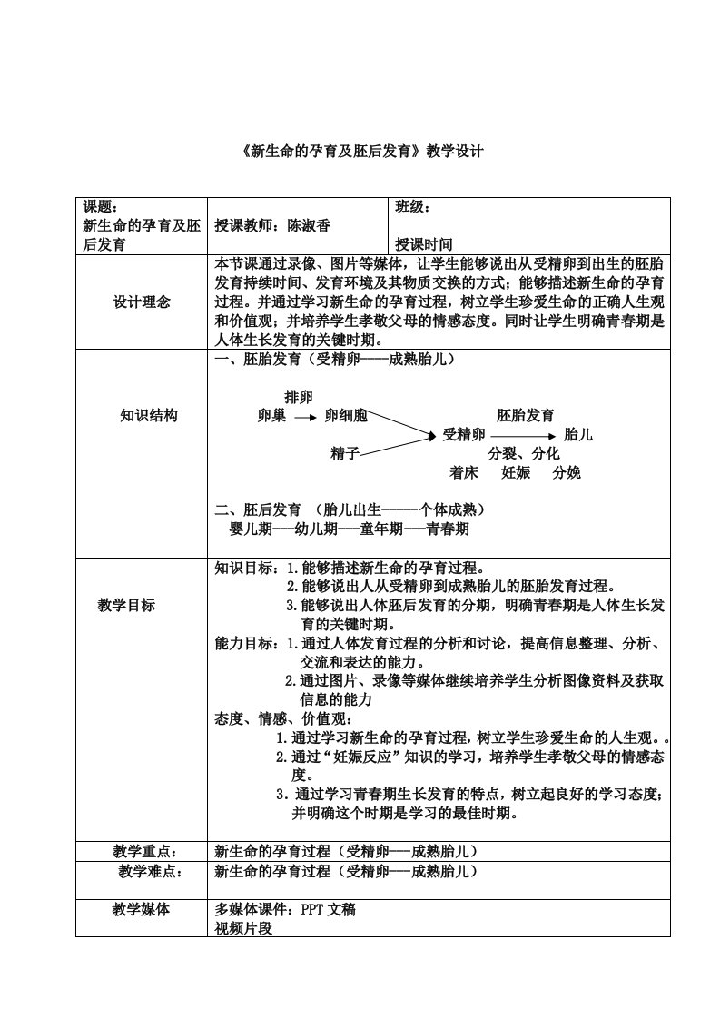 《新生命的孕育及胚后发育》教学设计