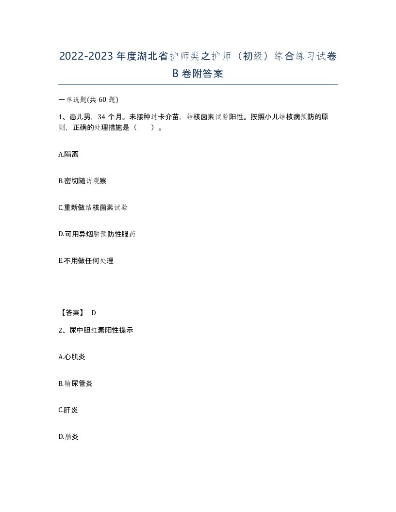 2022-2023年度湖北省护师类之护师初级综合练习试卷B卷附答案