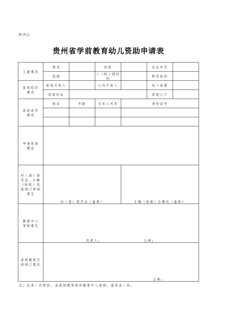 贵州省学前教育幼儿资助申请表