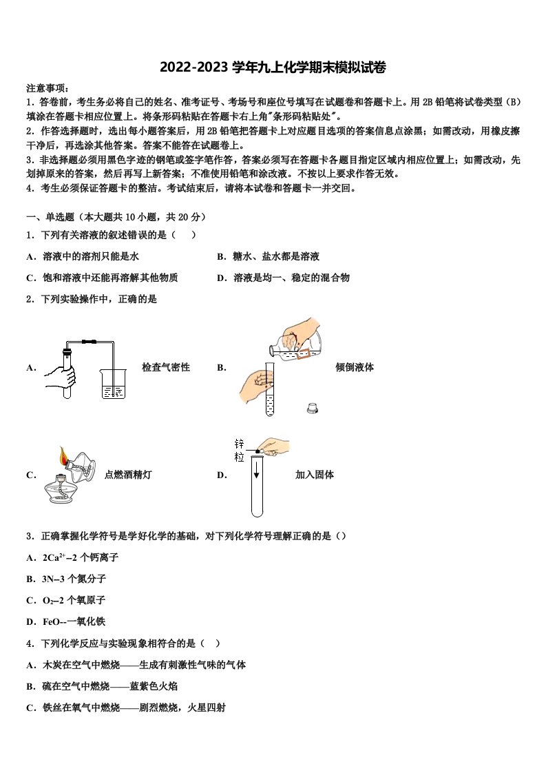 2023届四川省巴中学市南江县九年级化学第一学期期末质量检测试题含解析