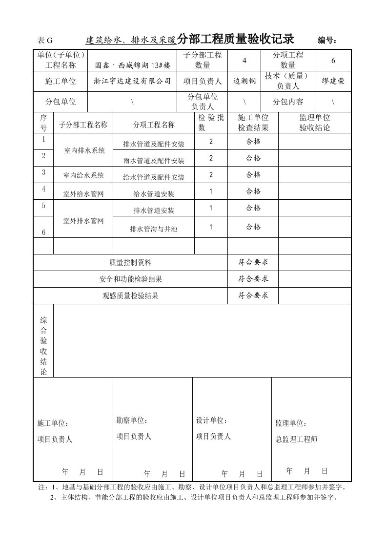 新国标给排水分部工程质量验收记录