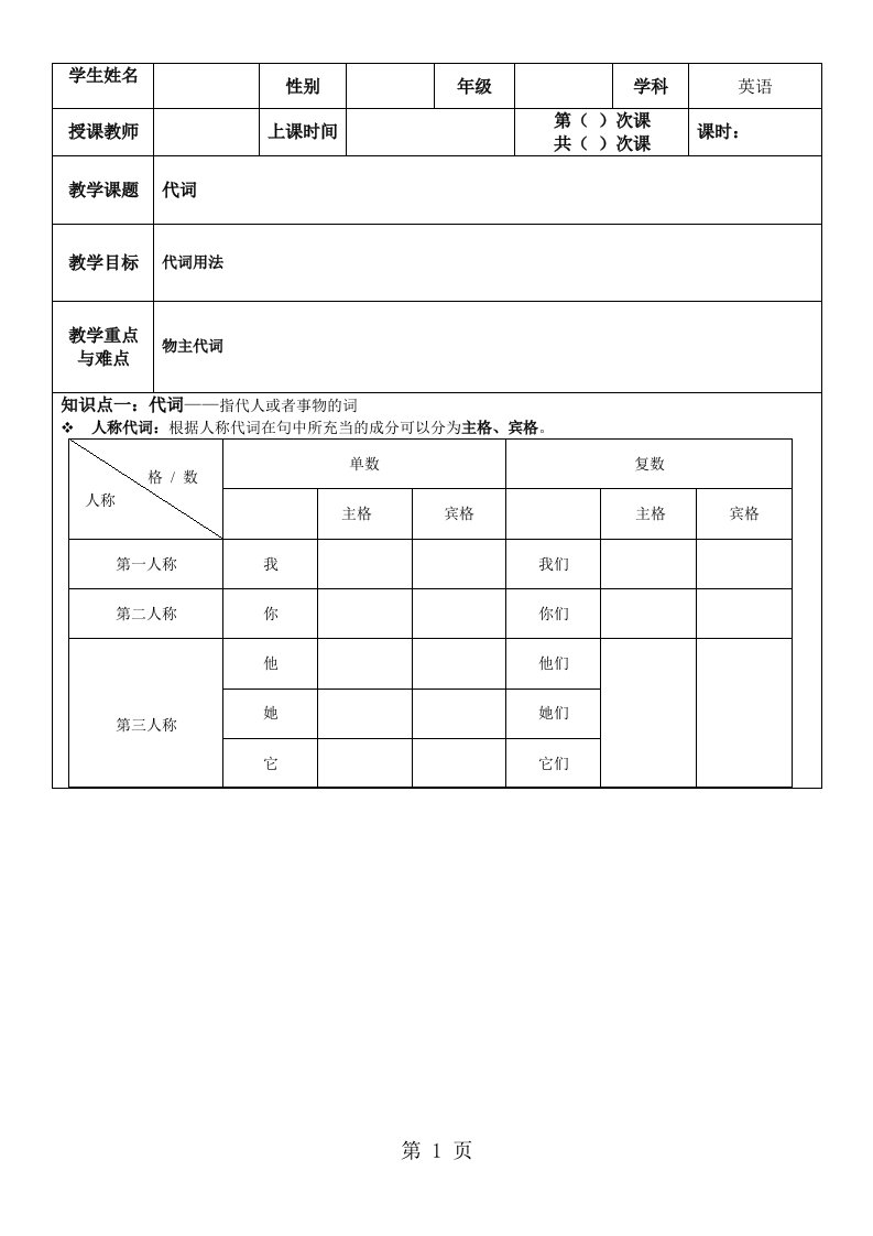 广东省广州市中考英语语法复习一代词-教学设计