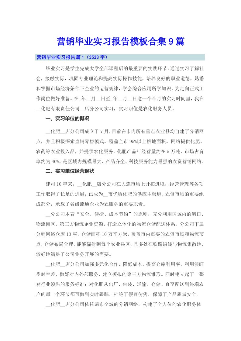 营销毕业实习报告模板合集9篇