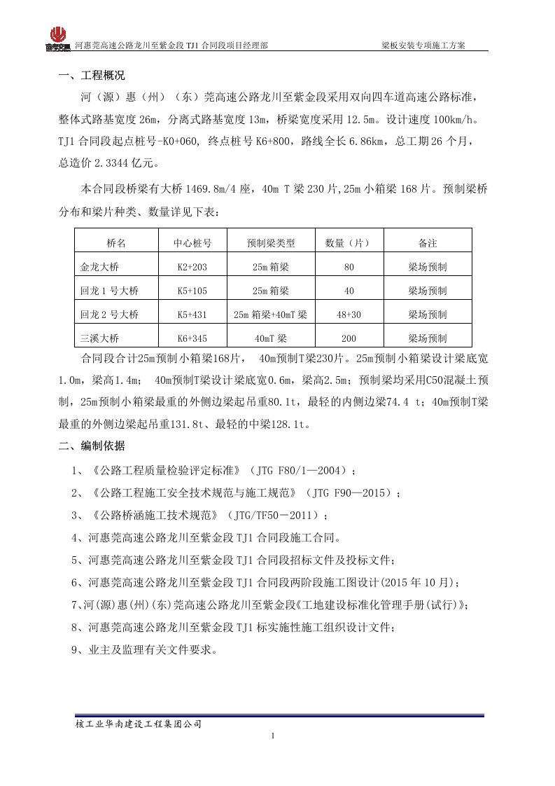 TJ1标预制梁架设施工方案