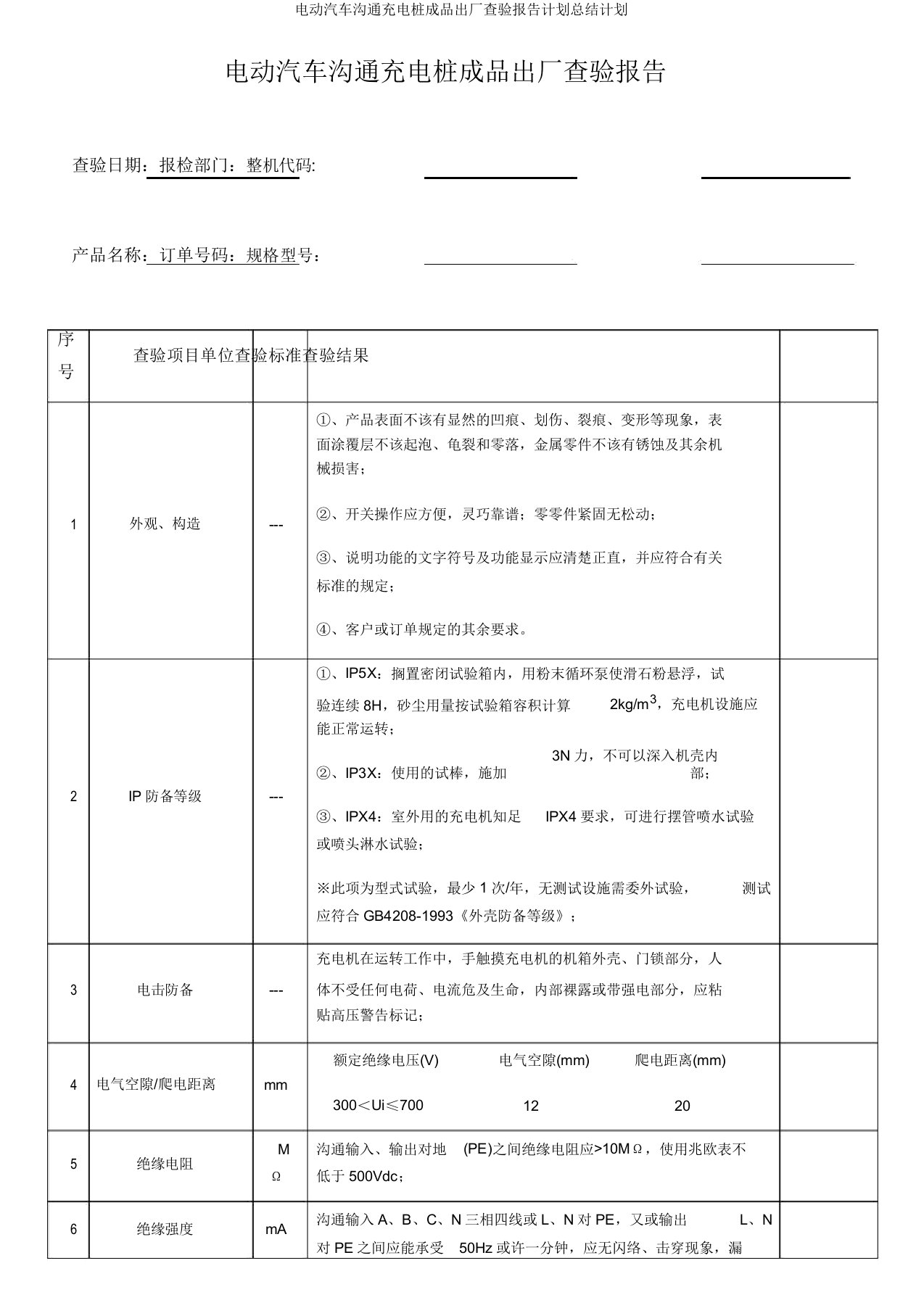 电动汽车交流充电桩成品出厂检验报告计划总结计划