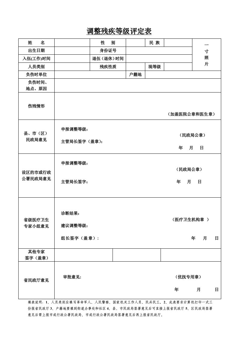 调整残疾等级评定表