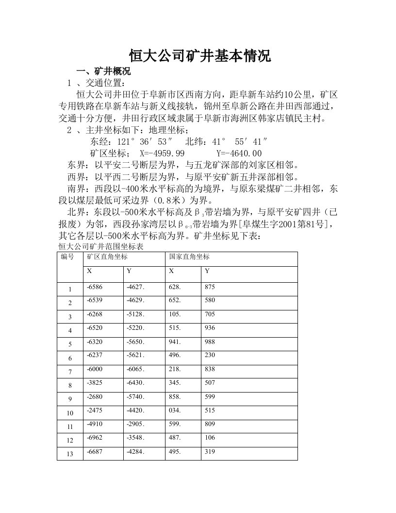 冶金行业-恒大公司矿井基本情况