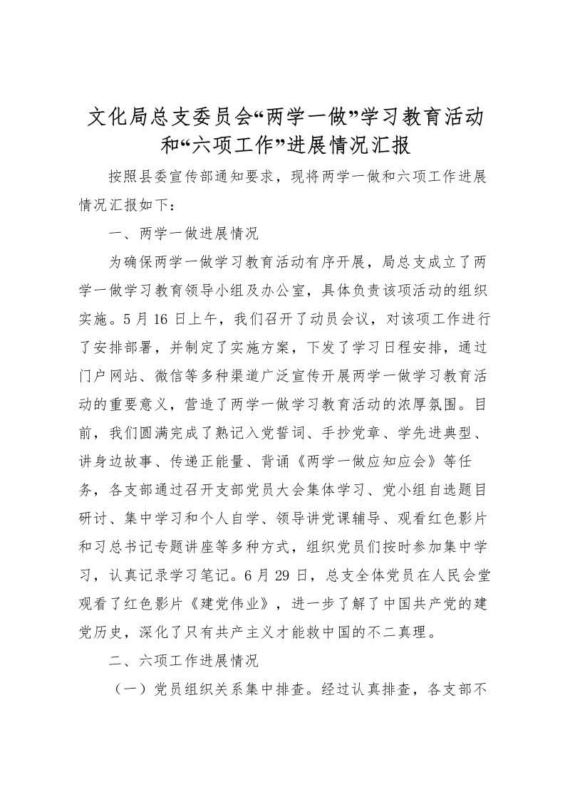 2022文化局总支委员会“两学一做”学习教育活动和“六项工作”进展情况汇报