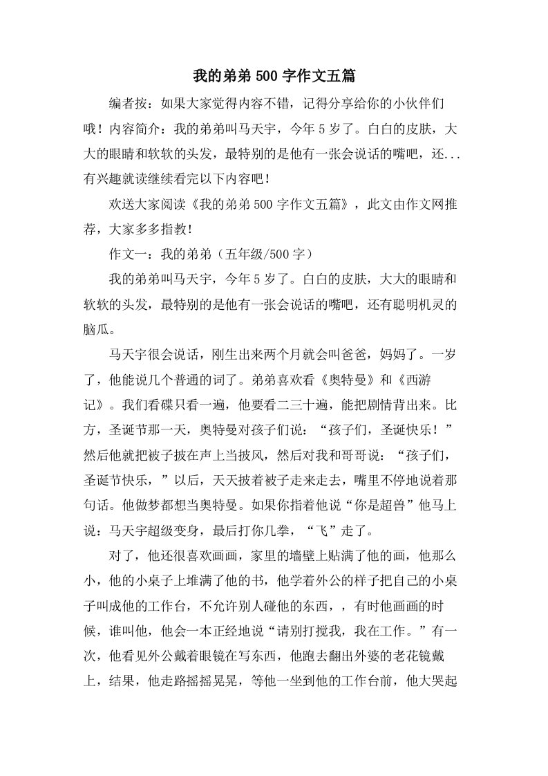 我的弟弟500字作文五篇