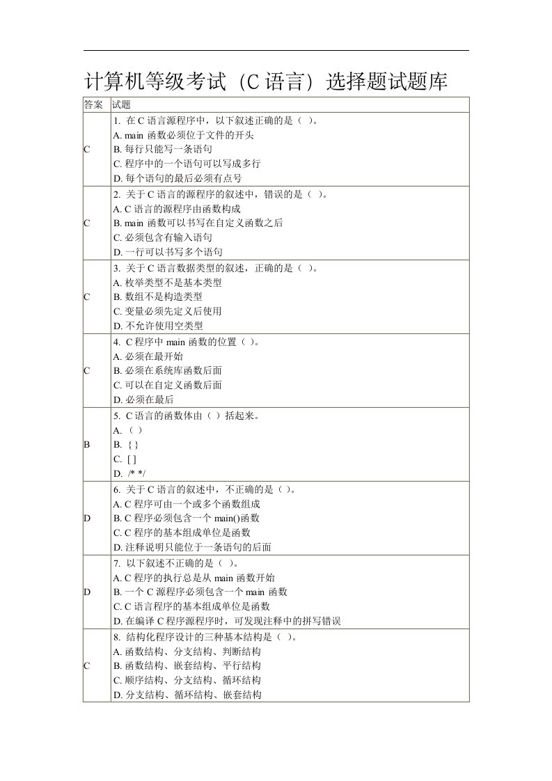 计算机等级考试（二级C语言）选择题试题库