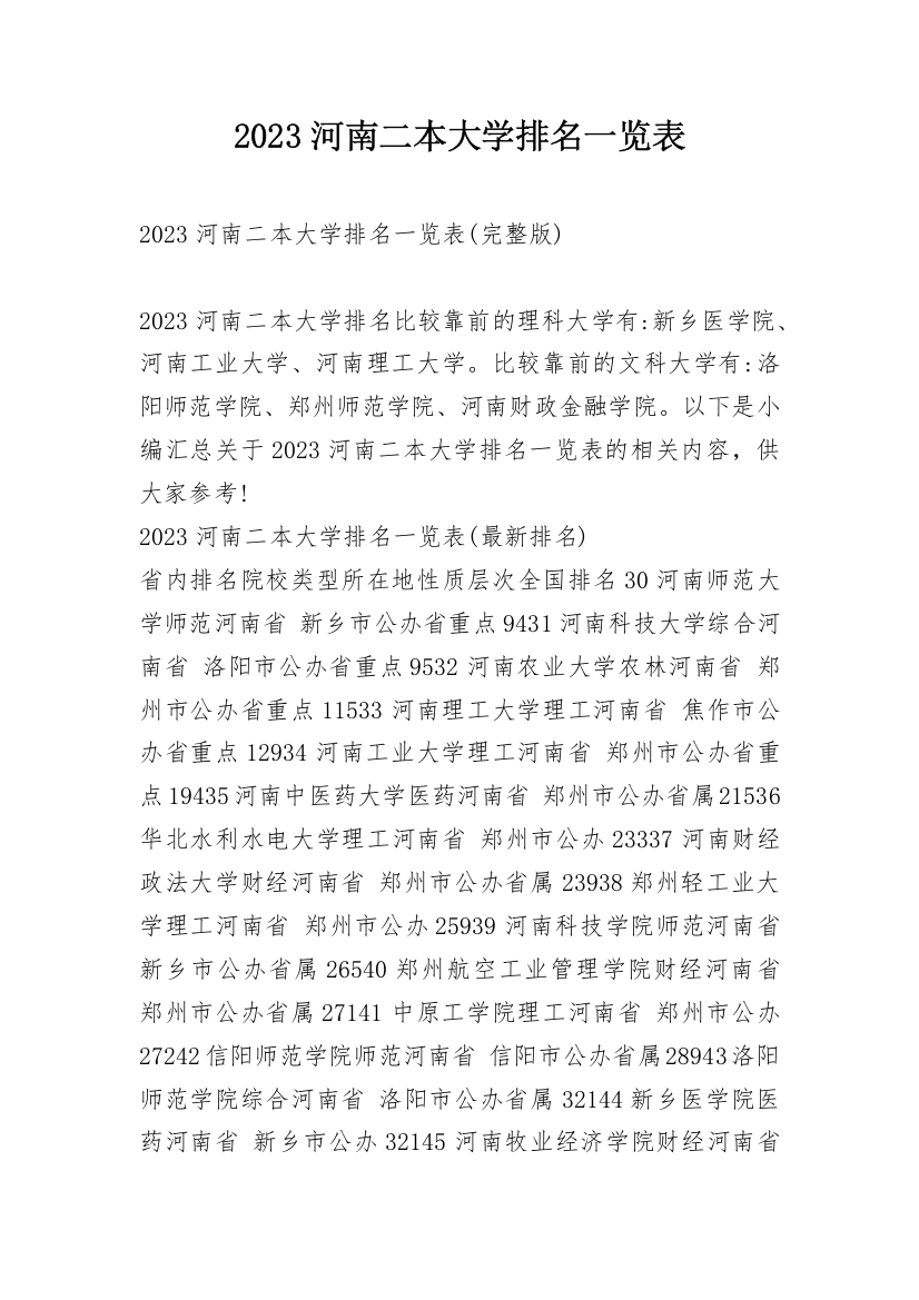 2023河南二本大学排名一览表