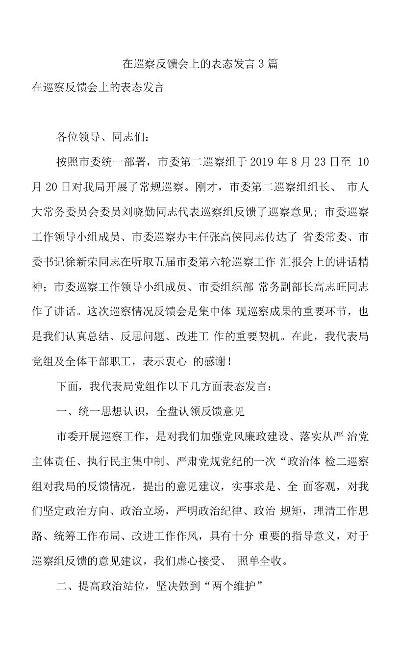 在巡察反馈会上的表态发言3篇