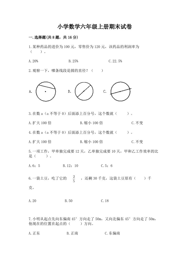 小学数学六年级上册期末试卷（b卷）word版