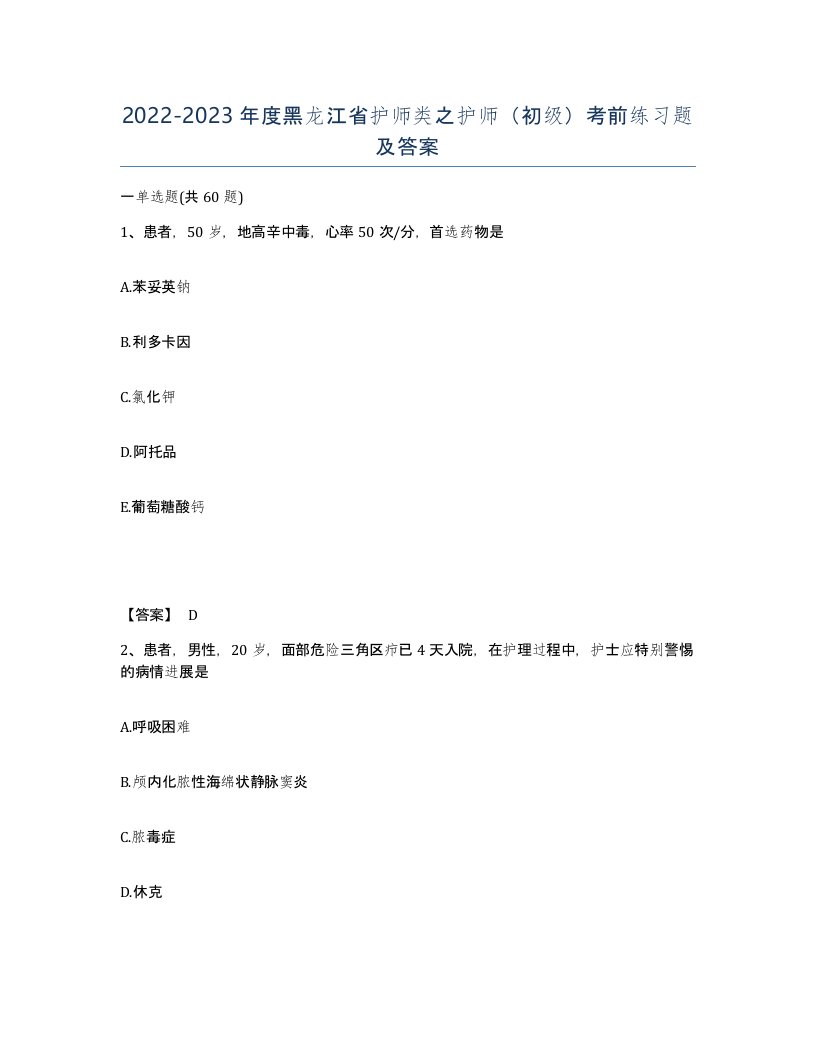 2022-2023年度黑龙江省护师类之护师初级考前练习题及答案