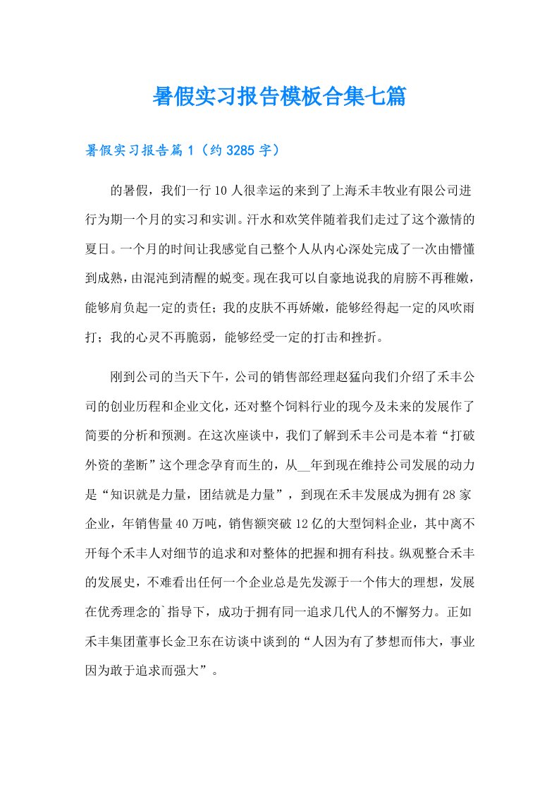 暑假实习报告模板合集七篇